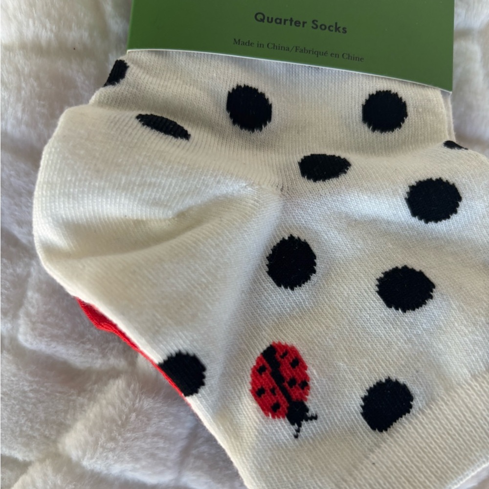 kate spade Lady Bug White Polka Dot Quarter Socks with Black Dots - Picture 2 of 6